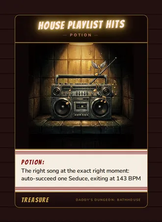 House Playlist Hits, a potion card from the Treasure deck of Daddy’s Dungeon: Bathhouse