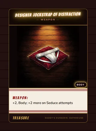Designer Jockstrap of Distraction, a weapon card from the Treasure deck of Daddy’s Dungeon: Bathhouse