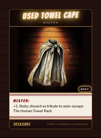 Used Towel Cape, a weapon card from the Treasure deck of Daddy’s Dungeon: Bathhouse