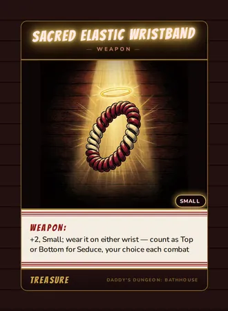 Sacred Elastic Wristband, a weapon card from the Treasure deck of Daddy’s Dungeon: Bathhouse