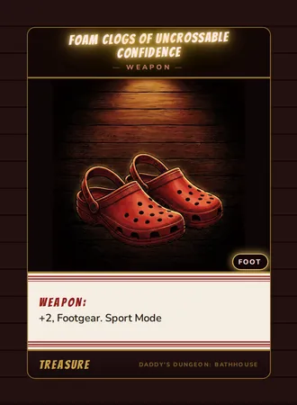 Foam Clogs of Uncrossable Confidence, a weapon card from the Treasure deck of Daddy’s Dungeon: Bathhouse
