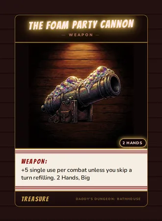 The Foam Party Cannon, a weapon card from the Treasure deck of Daddy’s Dungeon: Bathhouse