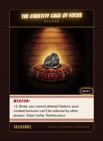 The Chastity Cage of Focus, a weapon card from the Treasure deck of Daddy’s Dungeon: Bathhouse