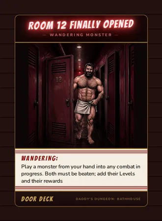 Room 12 Finally Opened, a wandering monster card from the Door deck of Daddy’s Dungeon: Bathhouse