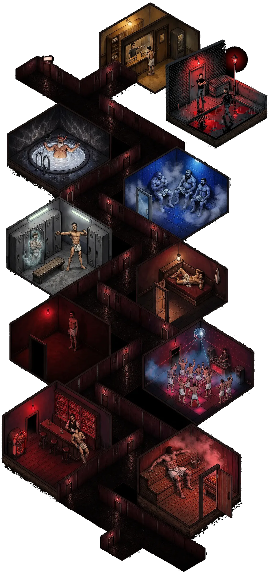 The bathhouse, floor by floor